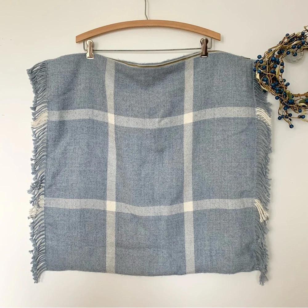 Serena & Lily Avery Alpaca Fringed Pillow Cover in blue windowpane check